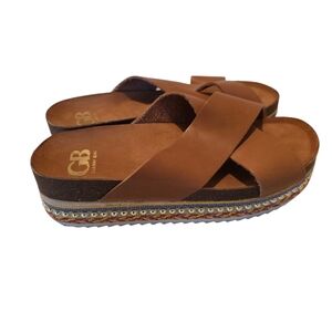 Gianni Bini Brown Leather Cross-Strap Platform Sandals with Multicolor Trim